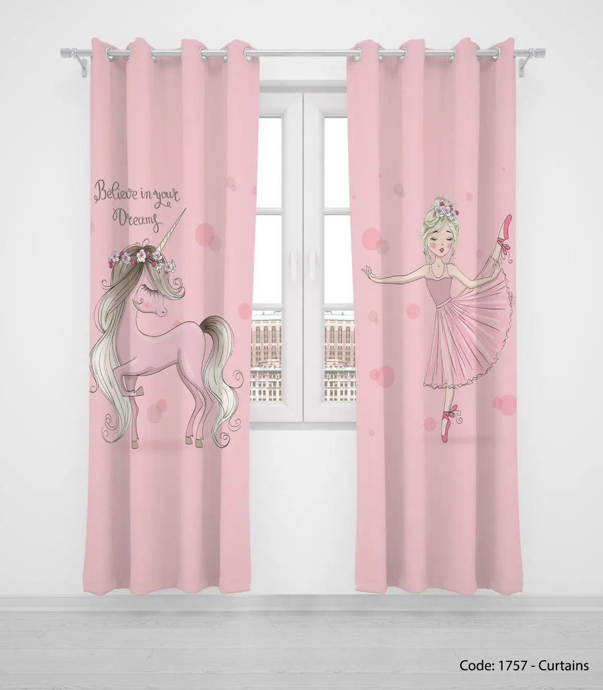پرده دو تکه پانچی اتاق کودک دخترانه مدل UNICORN