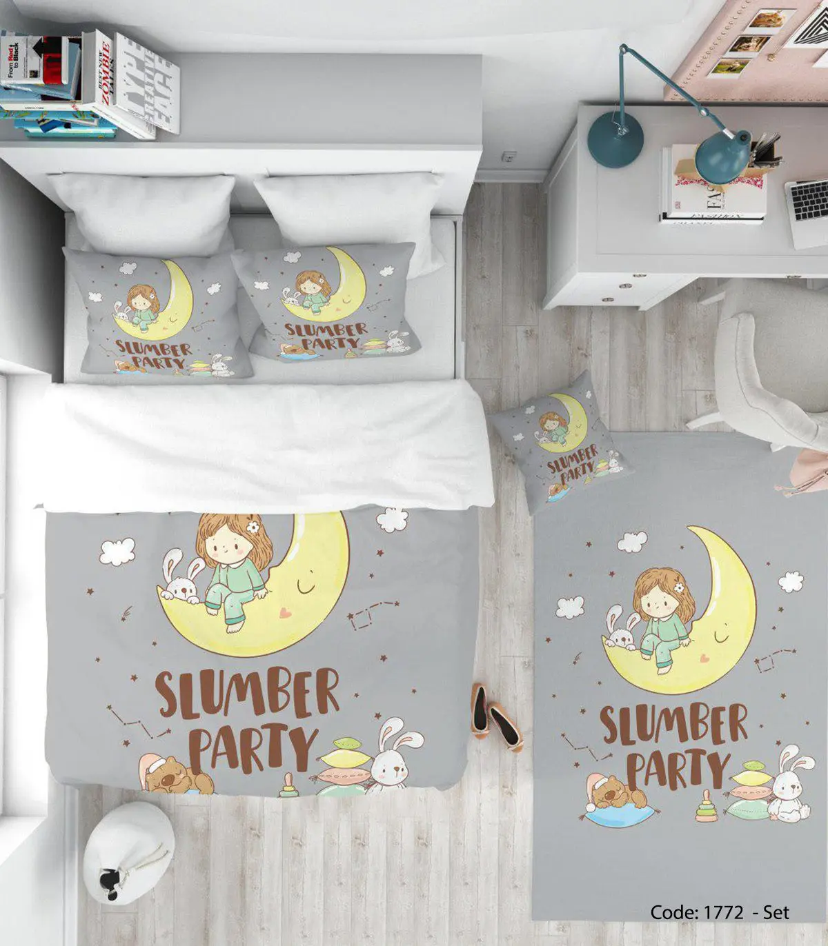 روتختی و ملحفه طوسی و زرد اتاق کودک مدل SLUMBER PARTY