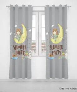 پرده پانچی دو تکه طوسی و زرد اتاق کودک مدل SLUMBER PARTY