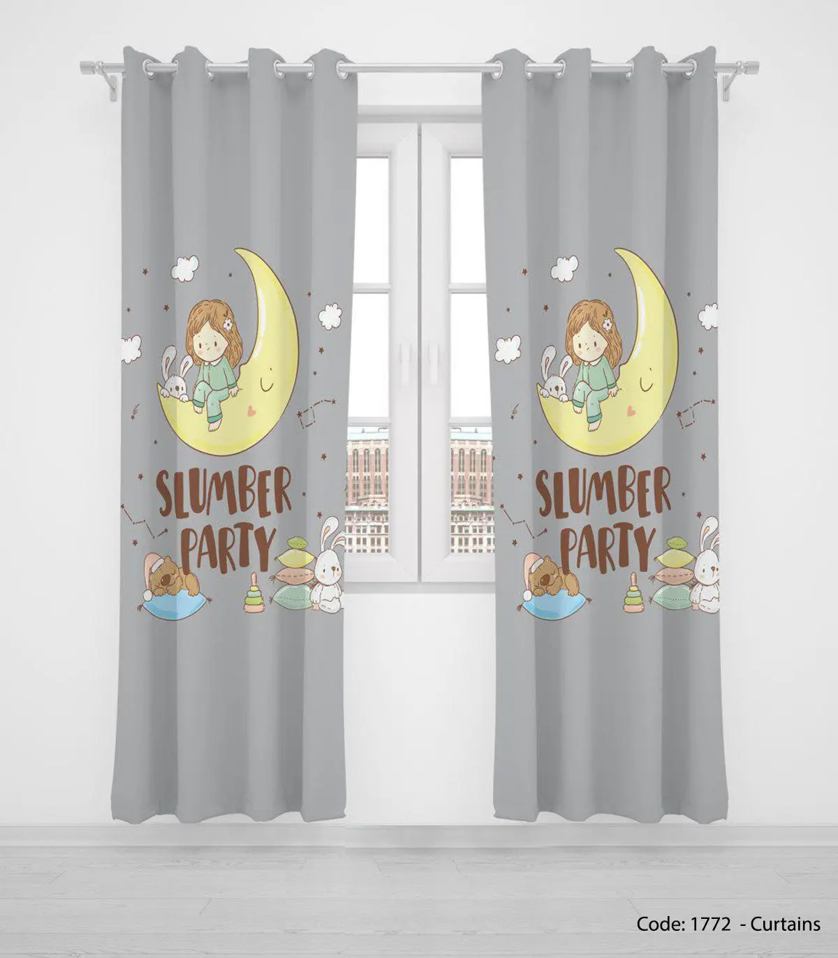 پرده پانچی دو تکه طوسی و زرد اتاق کودک مدل SLUMBER PARTY