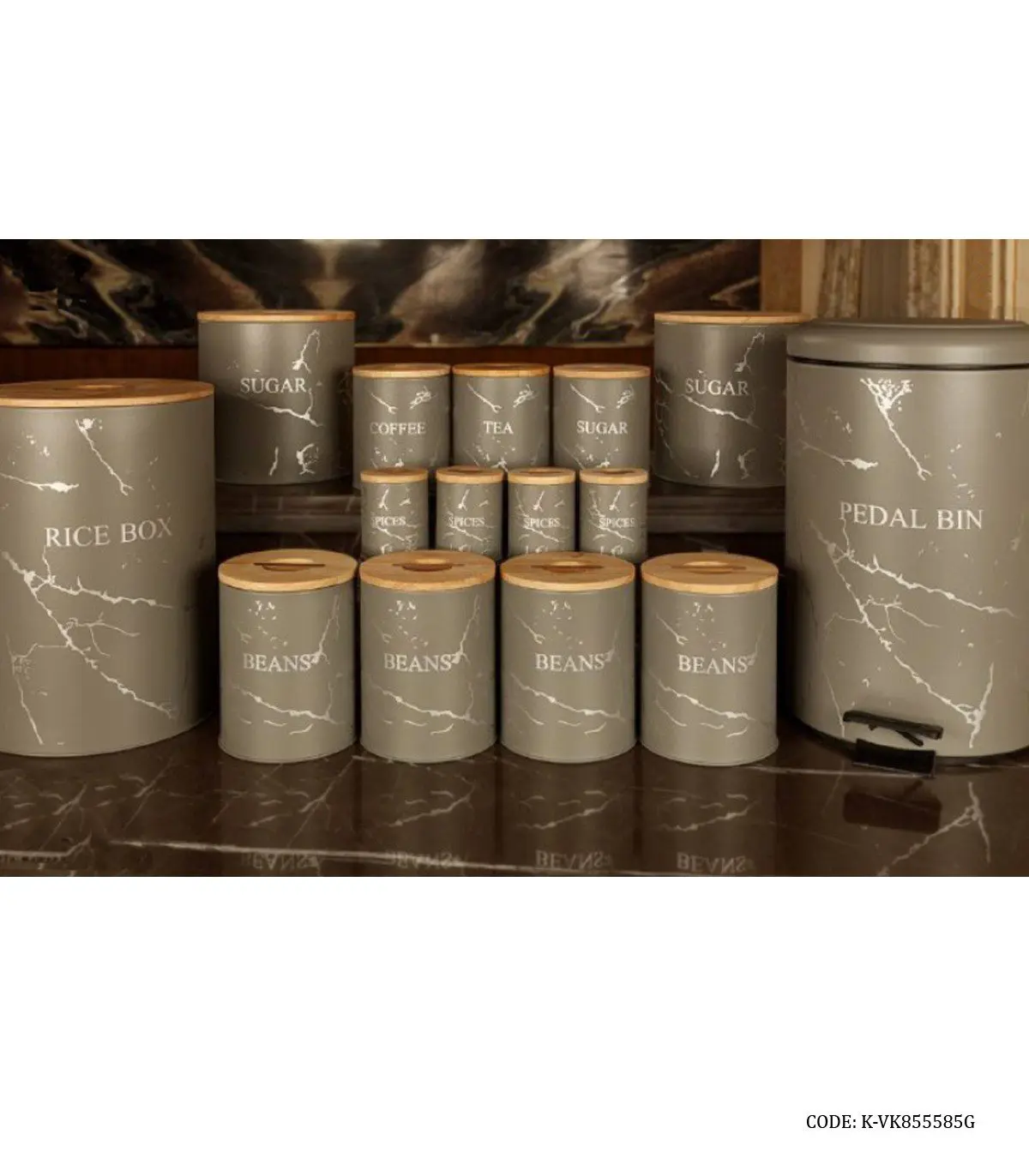 سرویس سطل برنج و قند و شکر درب چوبی 30 تکه طوسی مدل MARBLE
