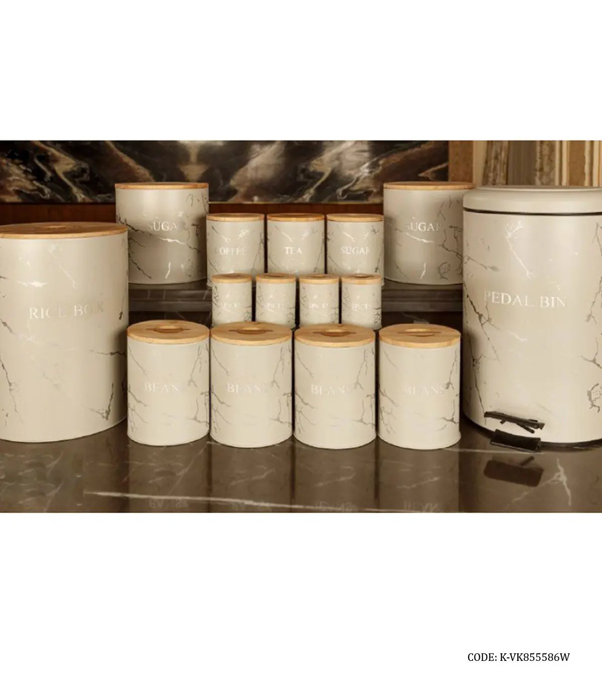 سرویس سطل برنج و قند و شکر درب چوبی 30 تکه سفید مدل MARBLE