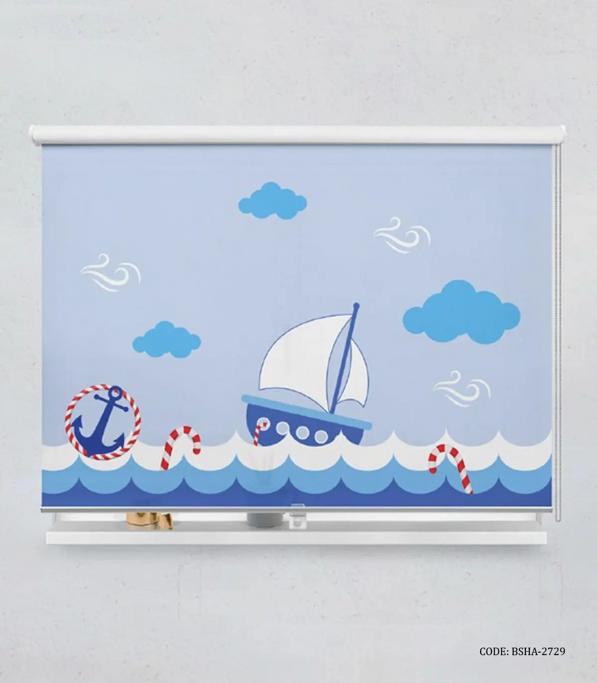 پرده شید اتاق کودک پسر طرح قایق و لنگر مدل Blue Boat