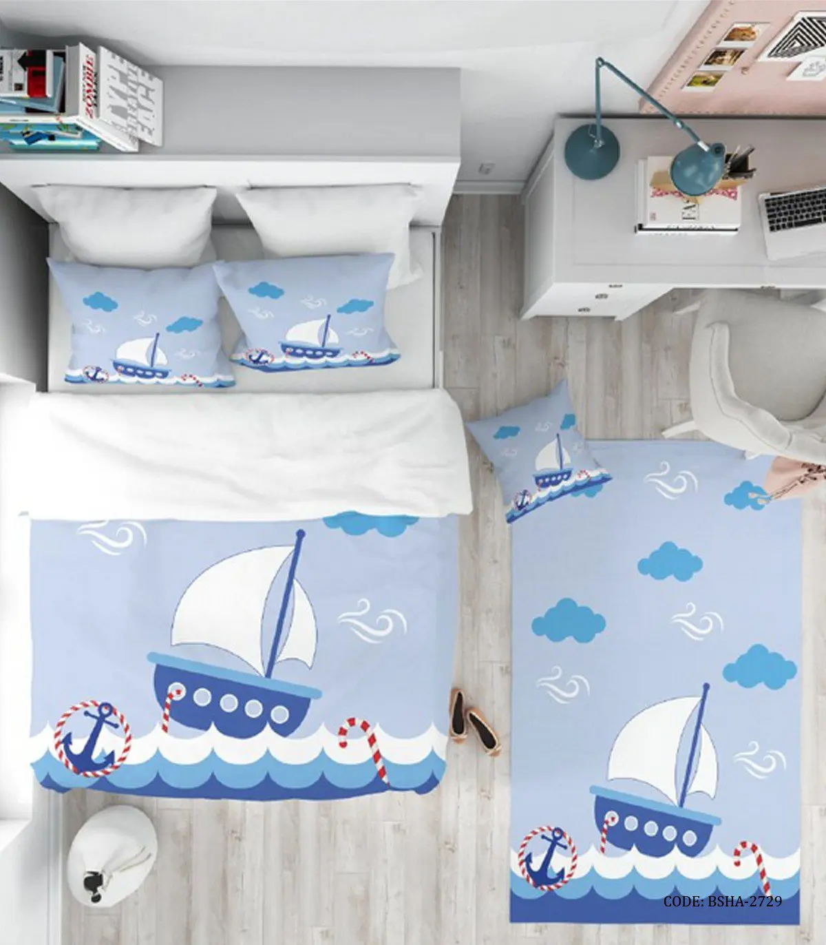روتختی اتاق کودک پسر 4 تکه طرح قایق و لنگر مدل Blue Boat