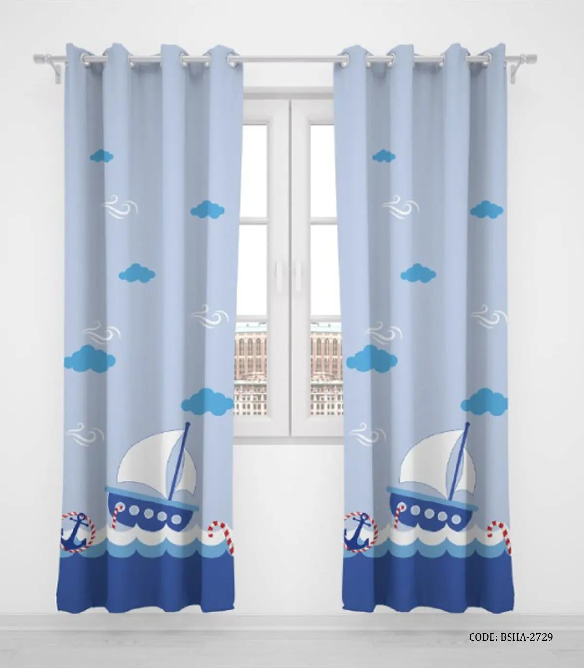 پرده پانچی اتاق کودک پسر دو تکه طرح قایق و لنگر مدل Blue Boat