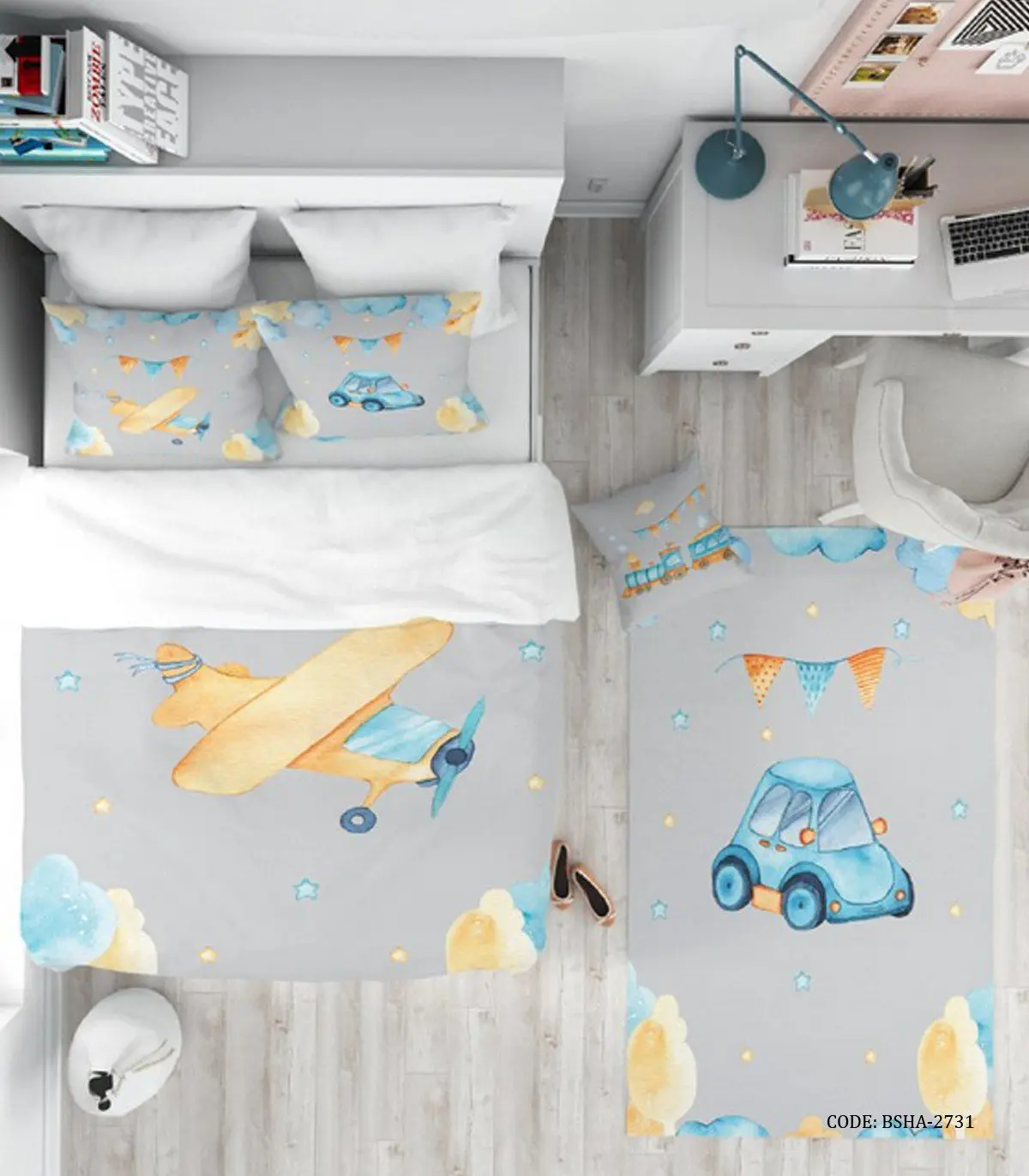 روتختی اتاق کودک پسرانه 4تکه طرح ماشین مدل Blue Car
