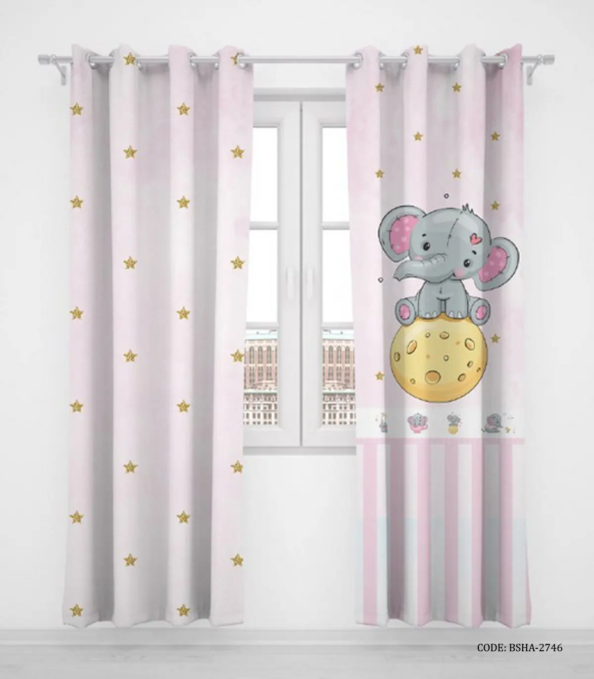 پرده پانچی دو تکه اتاق کودک دخترانه طرح فیل مدل Little Elephant