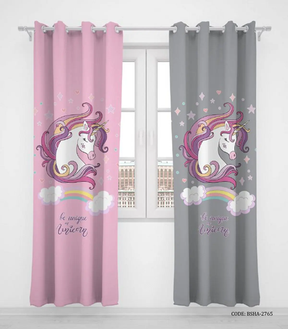 پرده پانچی دو تکه اتاق کودک دخترانه اسب تک شاخ مدل Lovely Unicorn