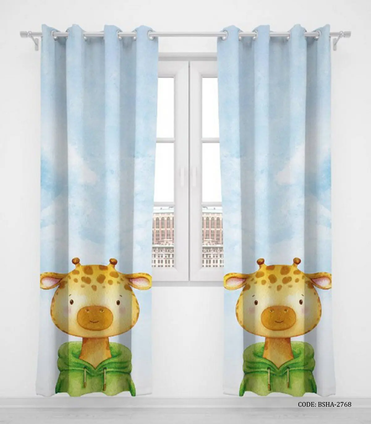 پرده پانچی دو تکه اتاق کودک پسرانه طرح زرافه مدل Lovely Giraffe