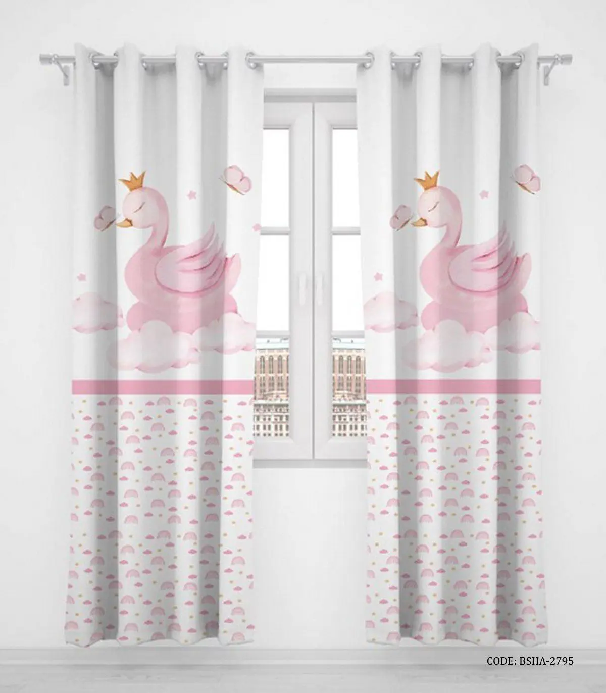 پرده پانچی دو تکه اتاق کودک دخترانه طرح قو مدل Lovely Swan