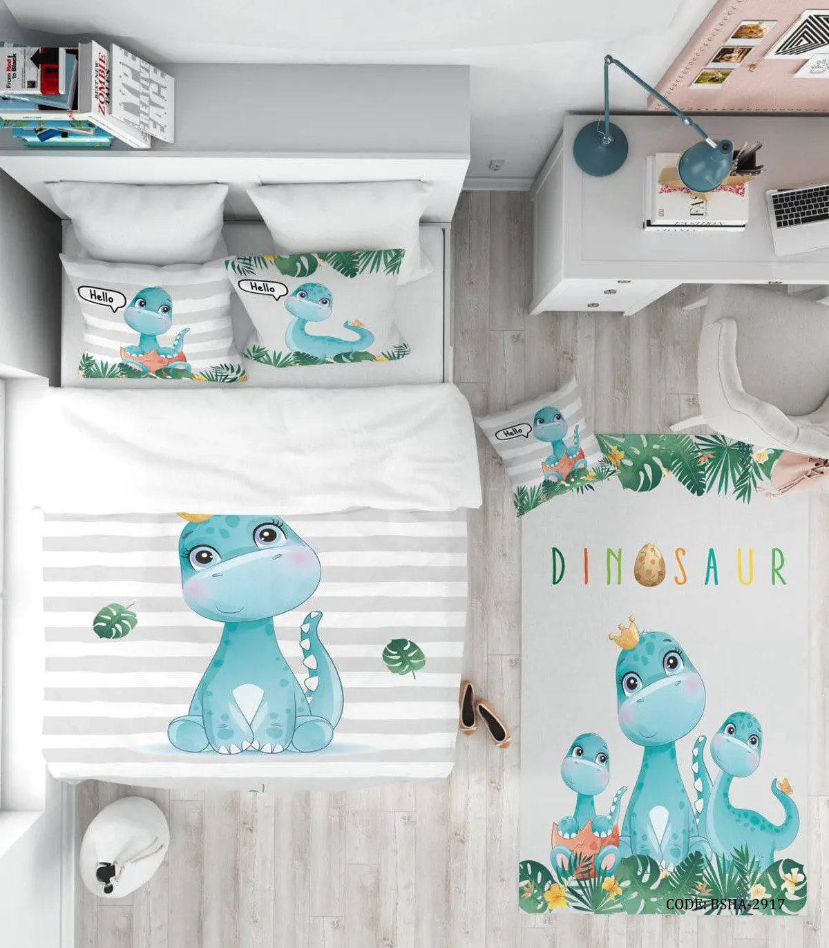 روتختی کودک دخترانه 4 تکه طرح دایناسور مدل Blue Dino