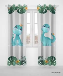 پرده پانچی دو تکه اتاق کودک دخترانه طرح دایناسور مدل Blue Dino