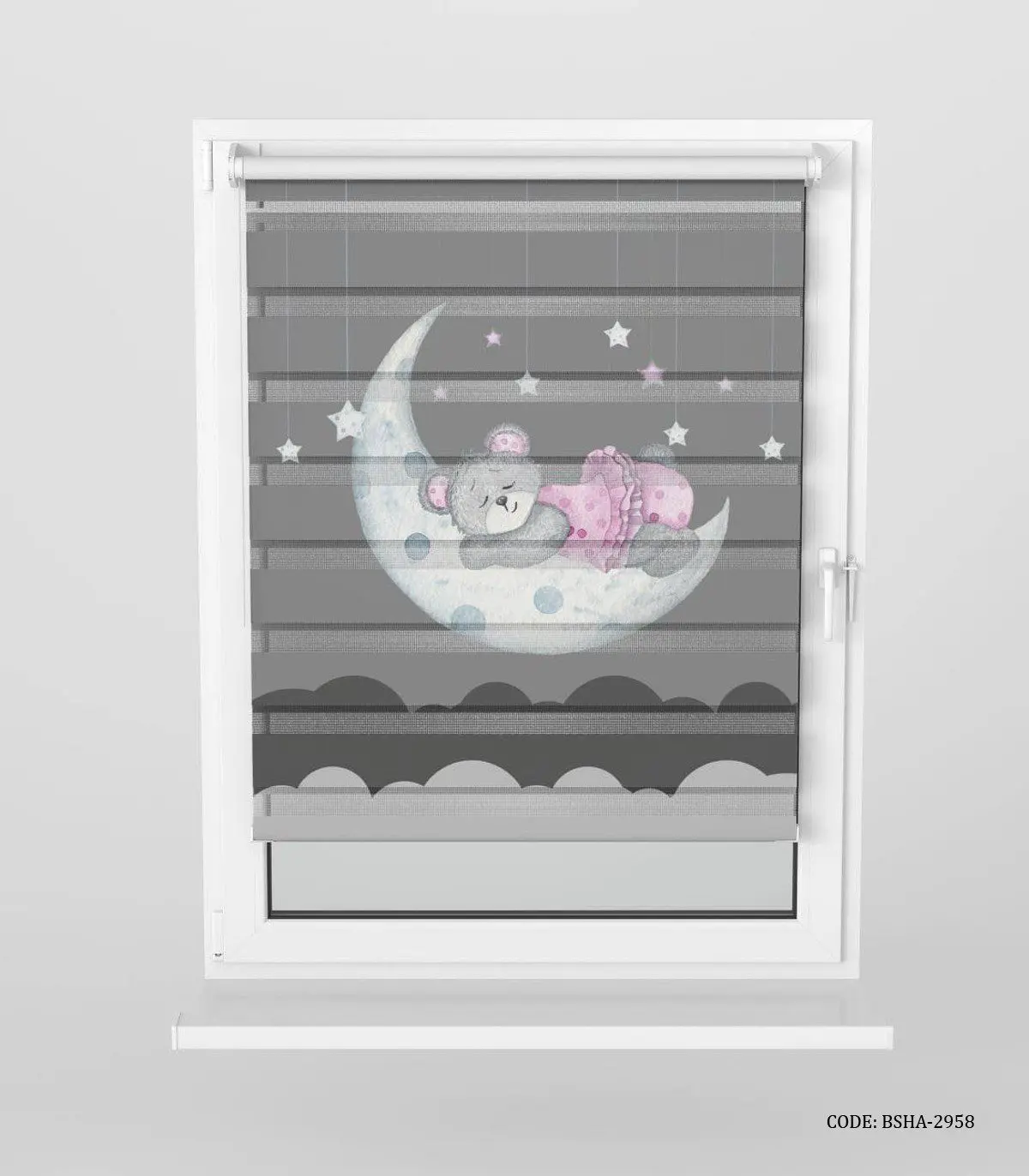 پرده زبرا اتاق کودک دخترانه طوسی طرح خرس مدل Sleepy Bear