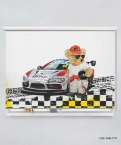 پرده شید اتاق کودک پسرانه طرح تدی و ماشین مسابقه مدل Racing Crew