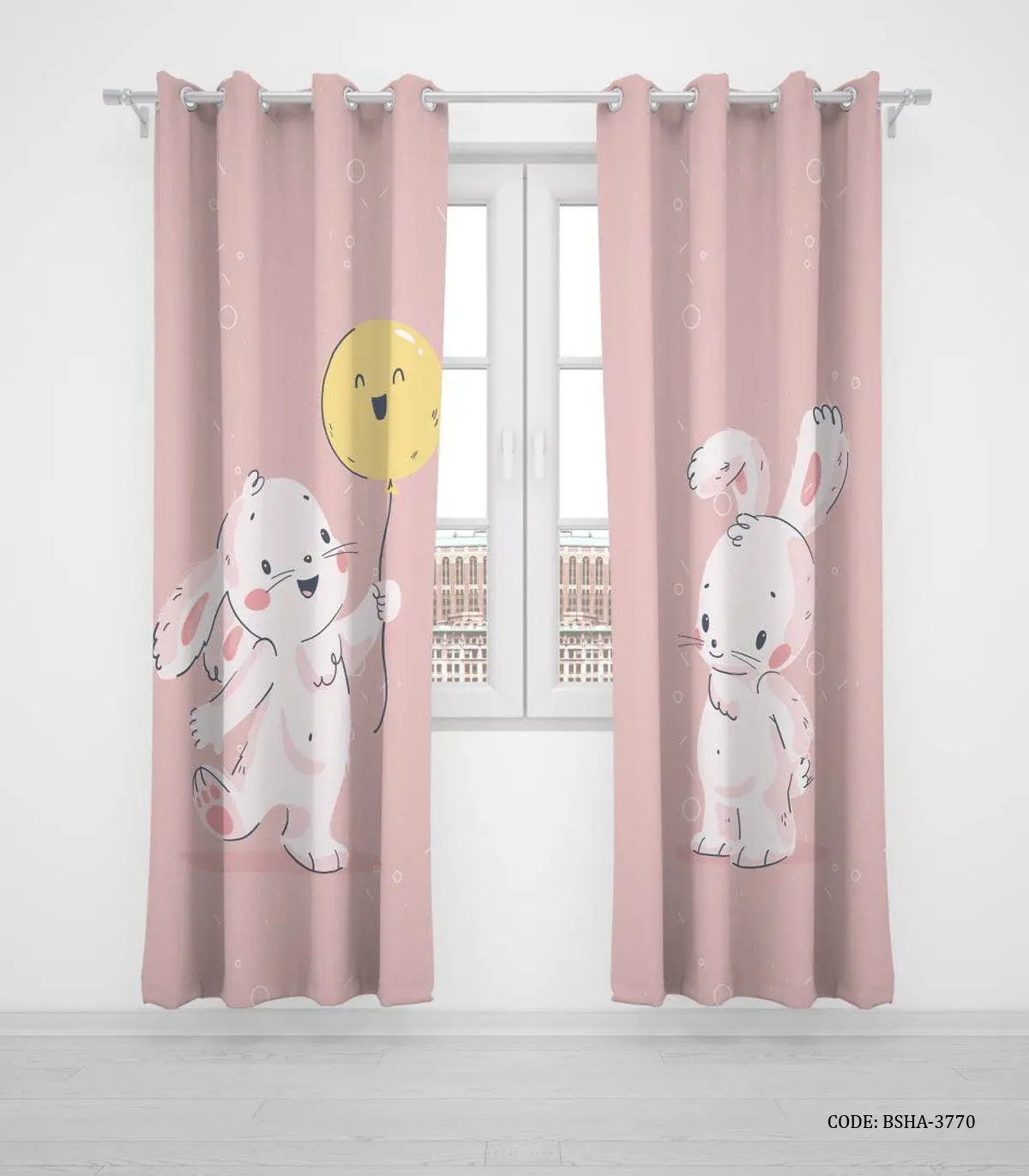پرده پانچی دو تکه اتاق کودک دخترانه طرح خرگوش مدل Hello Baby