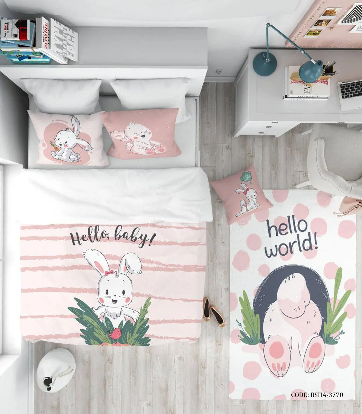 روتختی کودک دخترانه 4 تکه طرح خرگوش مدل Hello Baby