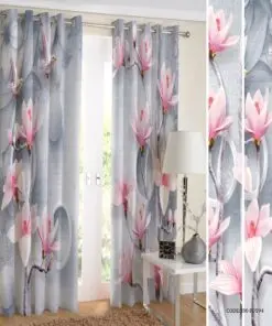 پرده پانچی طوسی آبی طرح گل مدل زنبق