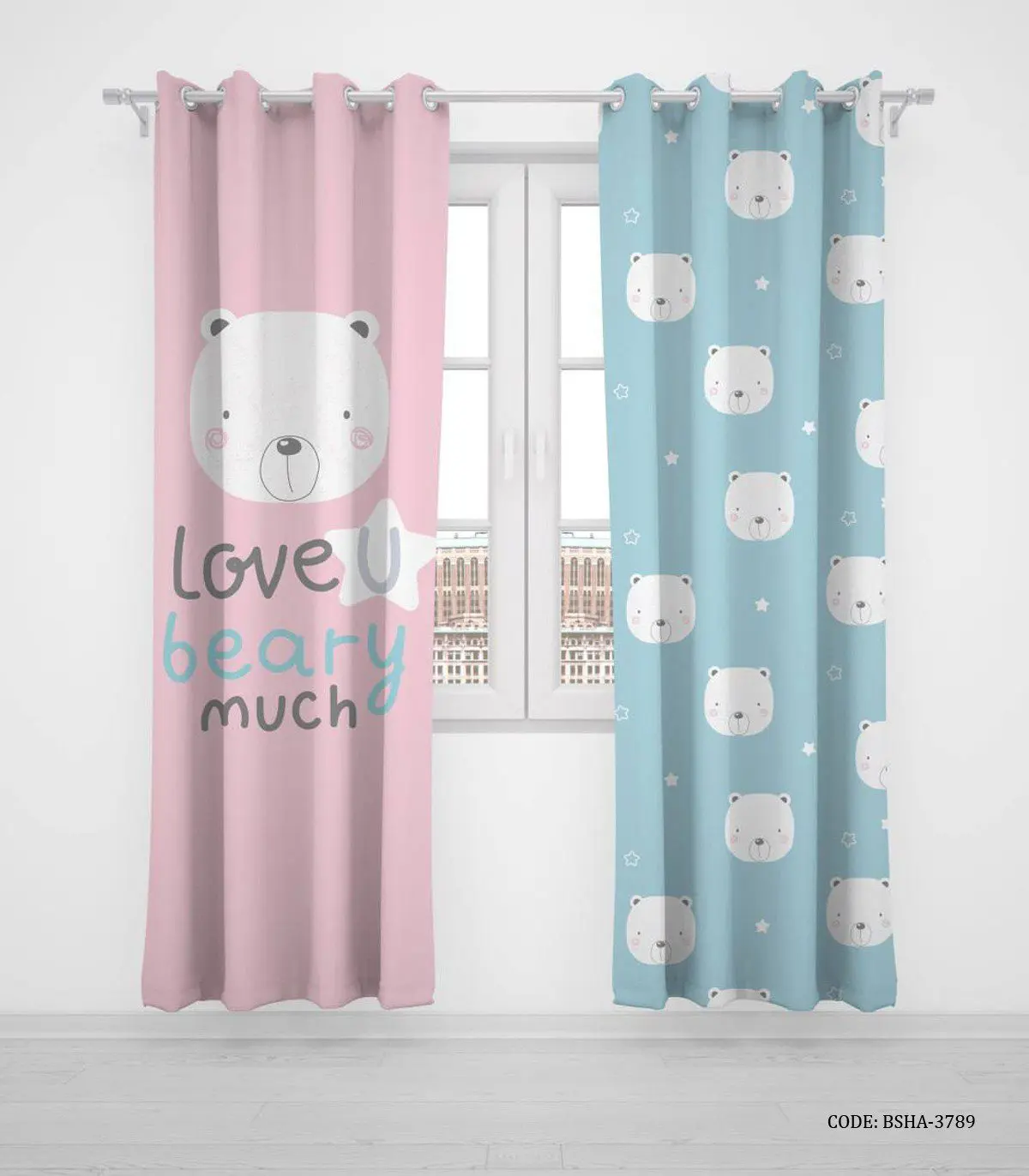 پرده پانچی دو تکه اتاق پسرانه طرح خرس سفید  مدل beary much