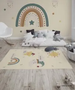 فرش اتاق دخترانه طرح رنگین کمانی مدل Hello Sunshine