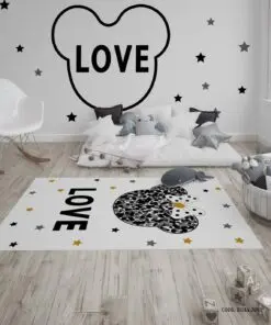 فرش اتاق دخترانه طرح میکی موس سفید مشکی مدل Love