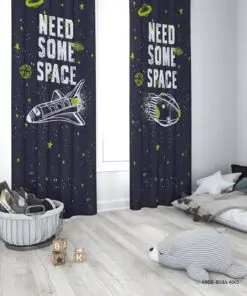 پرده پانچی دو تکه اتاق پسرانه طرح بشقاب پرنده و فضا پیما مدل Explore the Space
