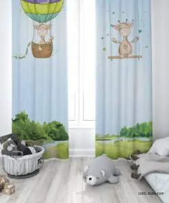 پرده پانچی دو تکه اتاق پسرانه طرح زرافه مدل Happy Giraffe