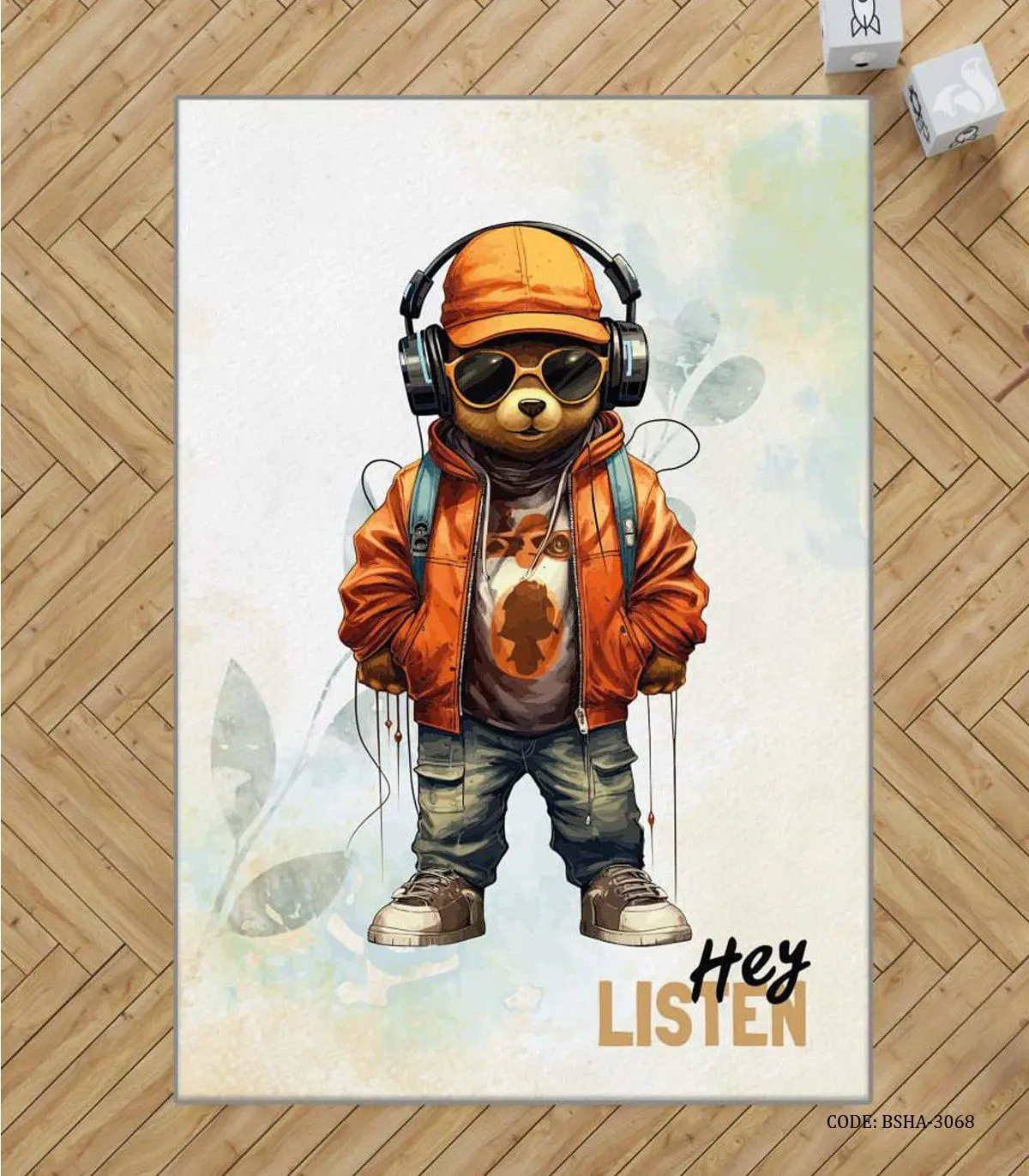 فرش اتاق پسرانه طرح خرس تدی هدفون دار مدل listen to Music