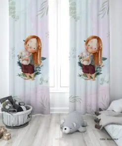 پرده پانچی دو تکه اتاق دخترانه طرح دختر خرگوش به دست مدل My Doll