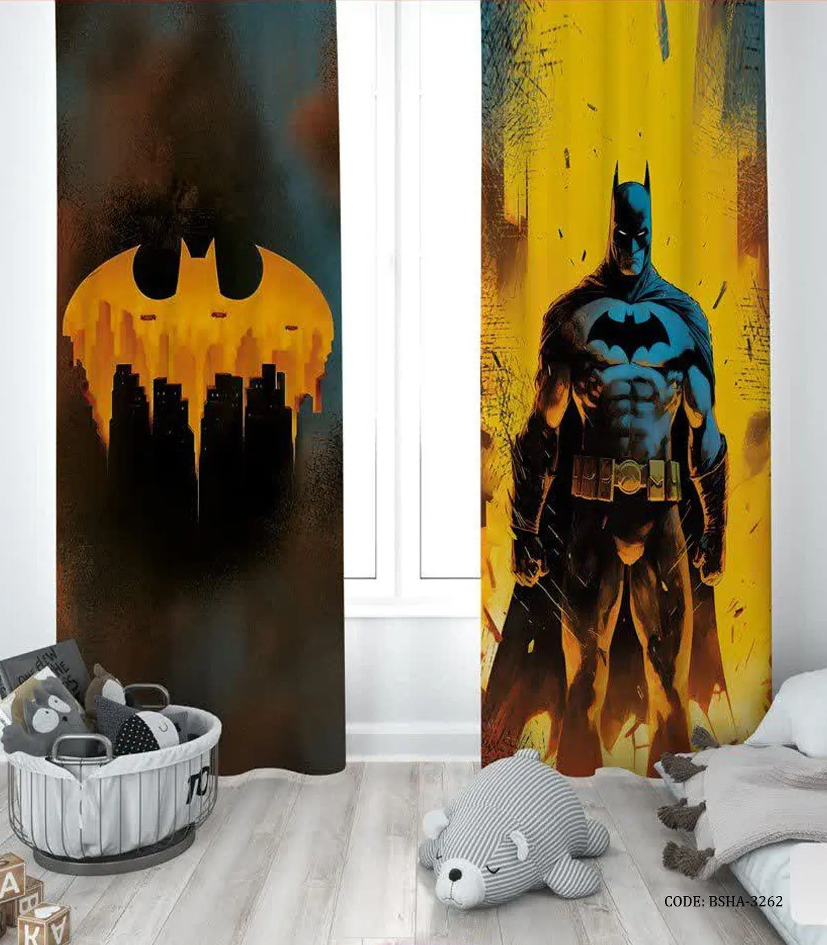 پرده پانچی دو تکه اتاق پسرانه طرح بتمن مدل The Dark Knight