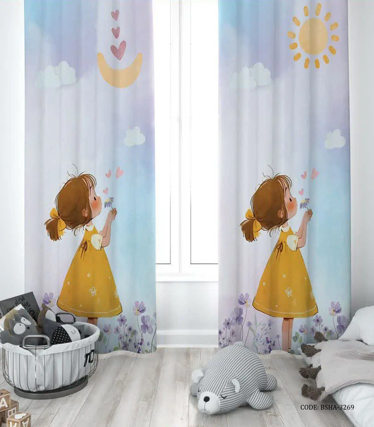 پرده پانچی دو تکه اتاق دخترانه طرح دختر خرس مدل Sunny Day