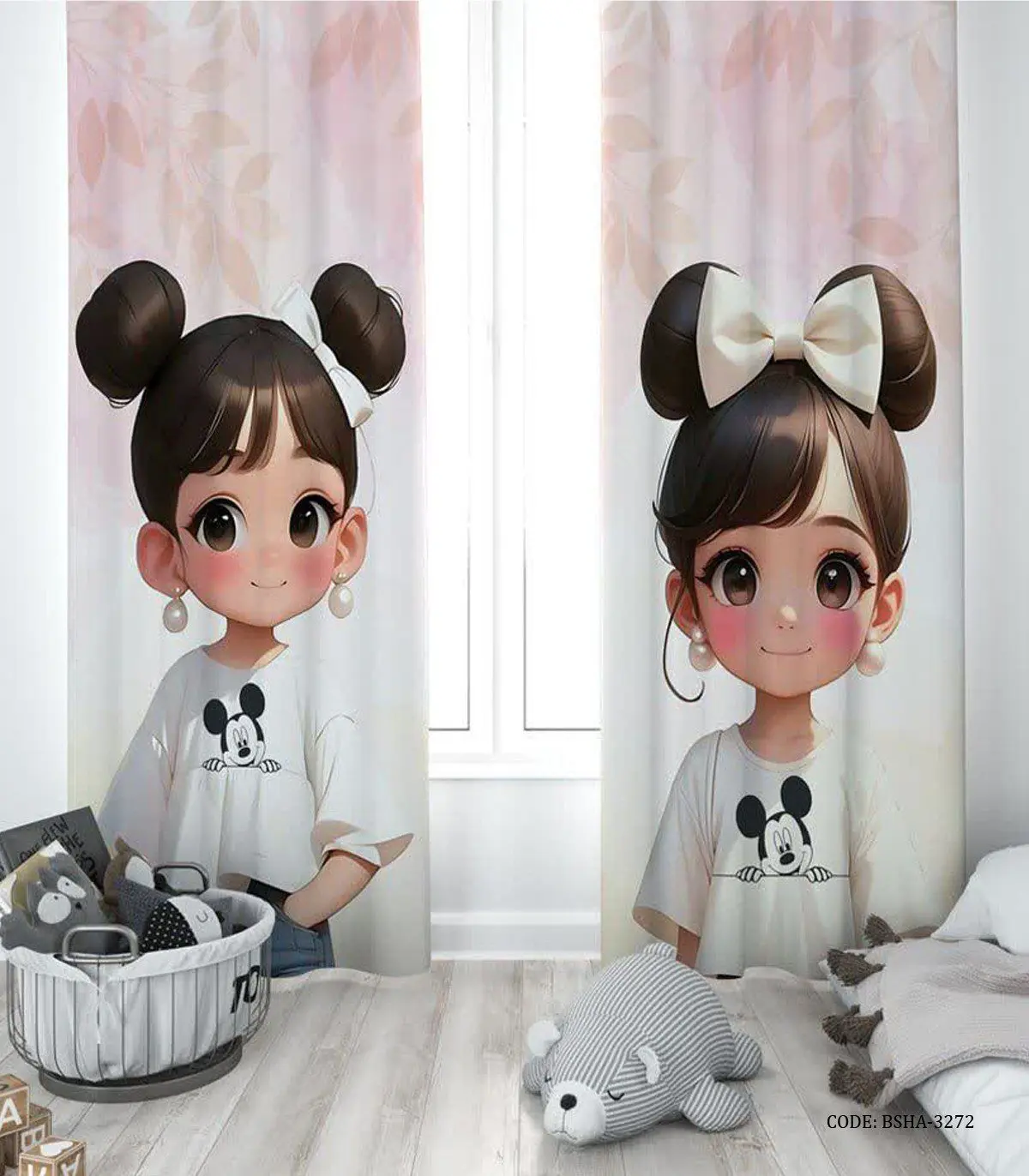 پرده پانچی دو تکه اتاق دخترانه طرح دختر مدل Qute Girl