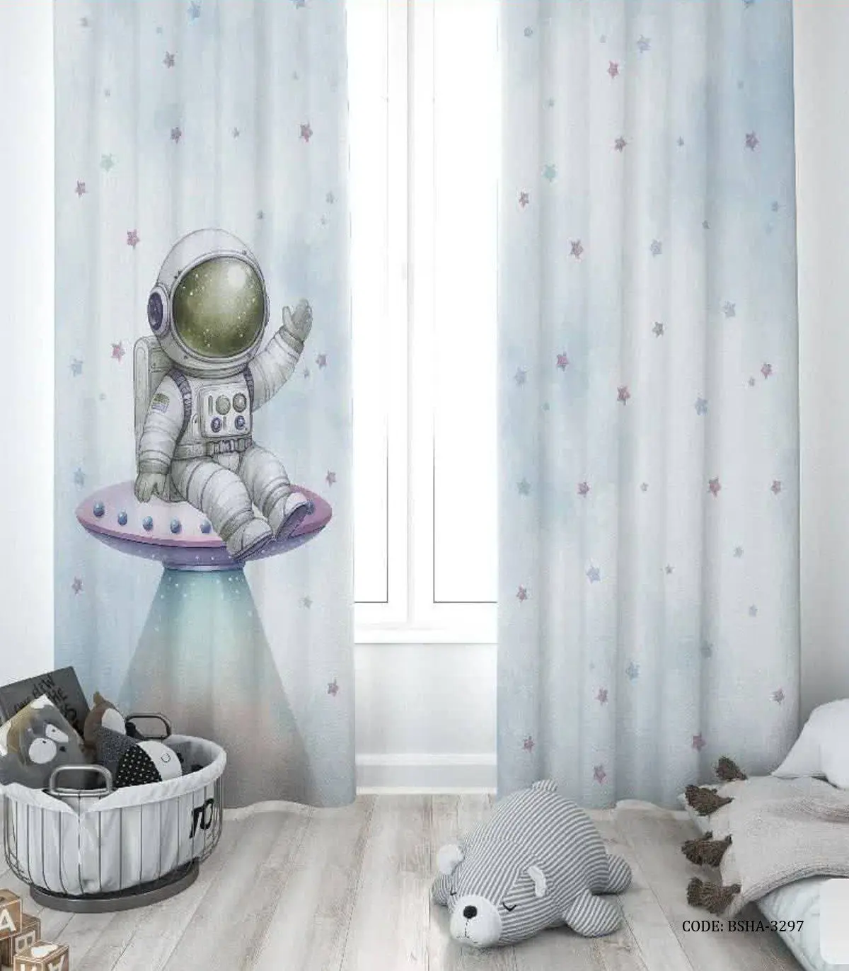 پرده پانچی دو تکه اتاق پسرانه طرح فضانورد مدل Spaceship