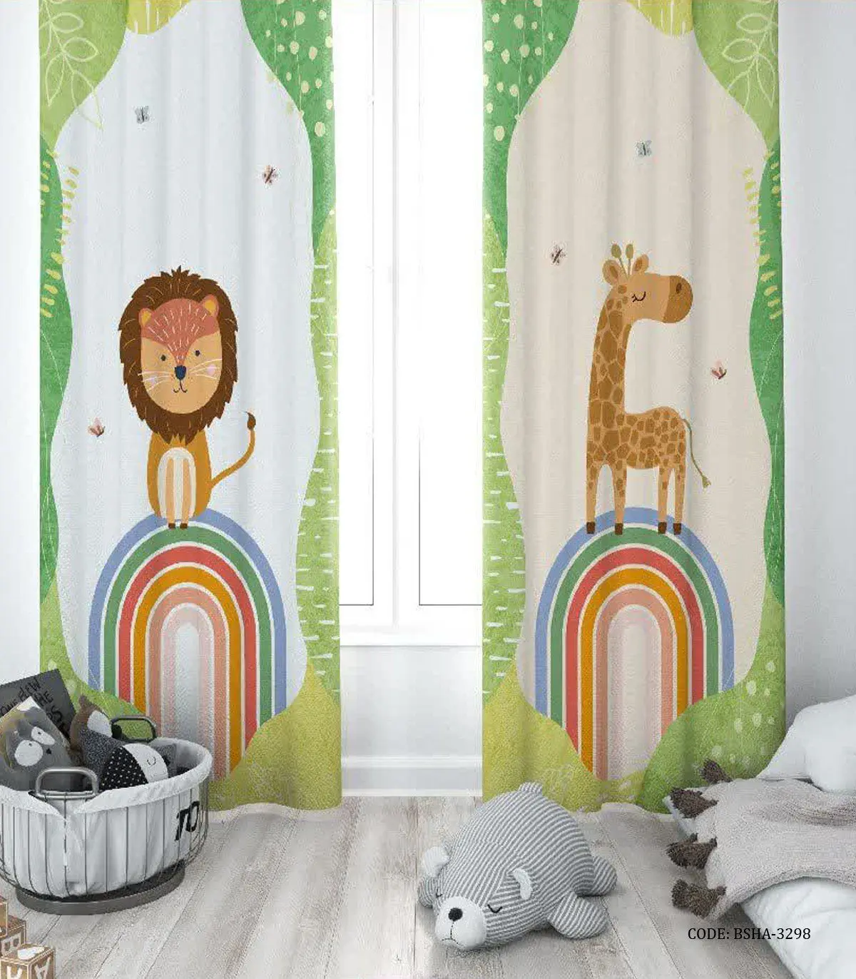 پرده پانچی دو تکه اتاق پسرانه طرح شیر و زرافه مدل Playful lion