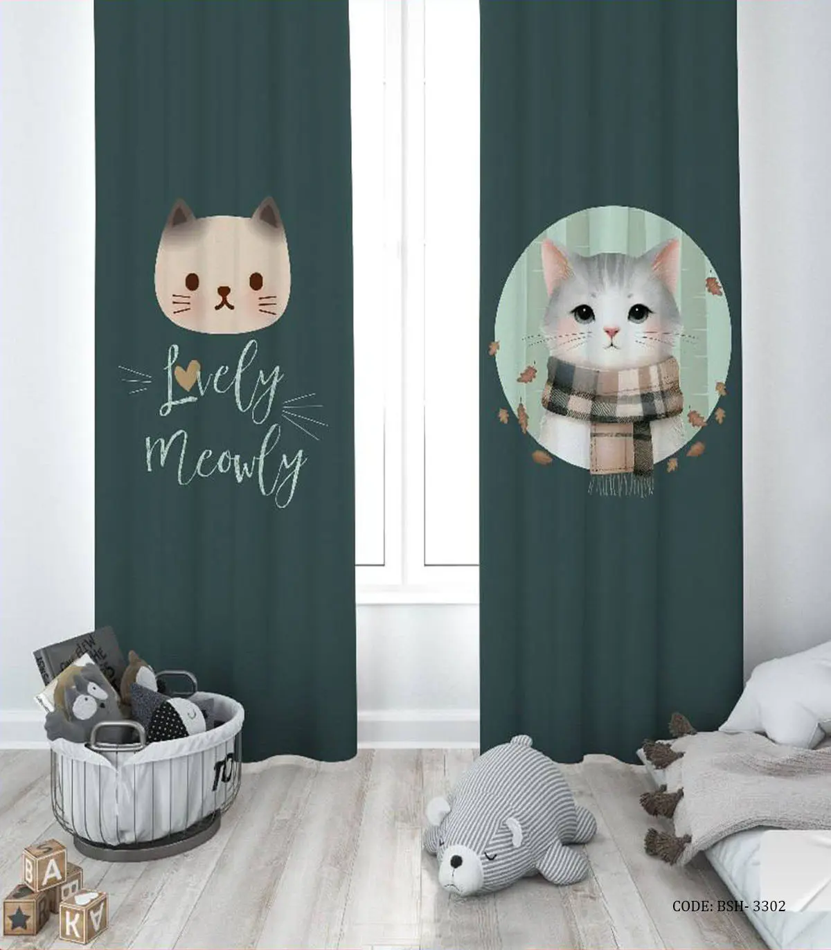پرده پانچی دو تکه اتاق دخترانه طرح گربه مدلlovely Meow