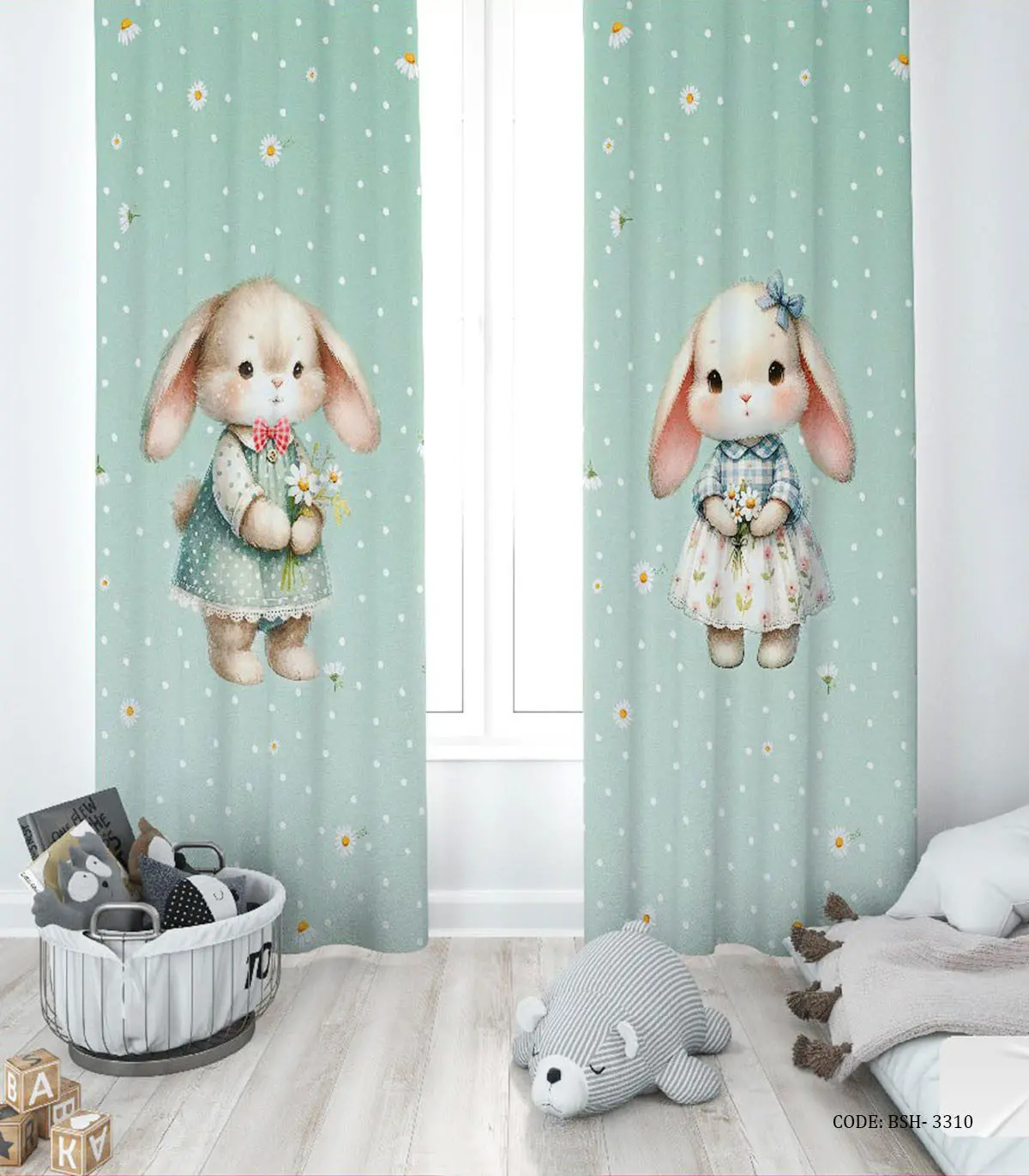 پرده پانچی دو تکه اتاق دخترانه طرح خانم خرگوشه مدل Rabbit