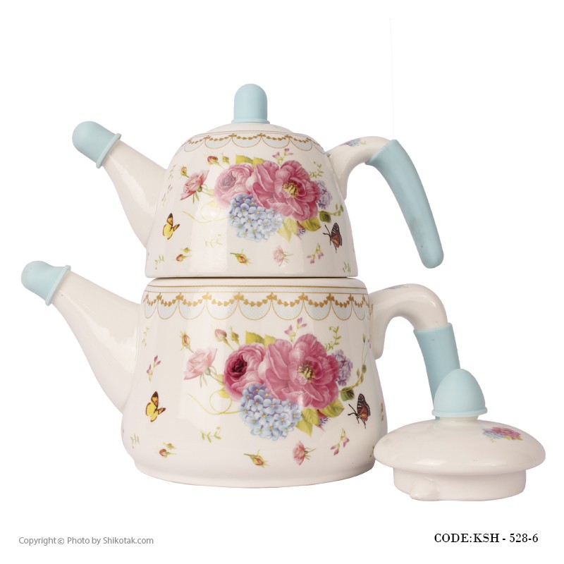 ست کتری قوری سرامیکی مدل گل سرخی آبی