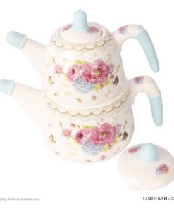 ست کتری قوری سرامیکی مدل گل سرخی آبی