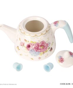 ست کتری قوری سرامیکی مدل گل سرخی آبی