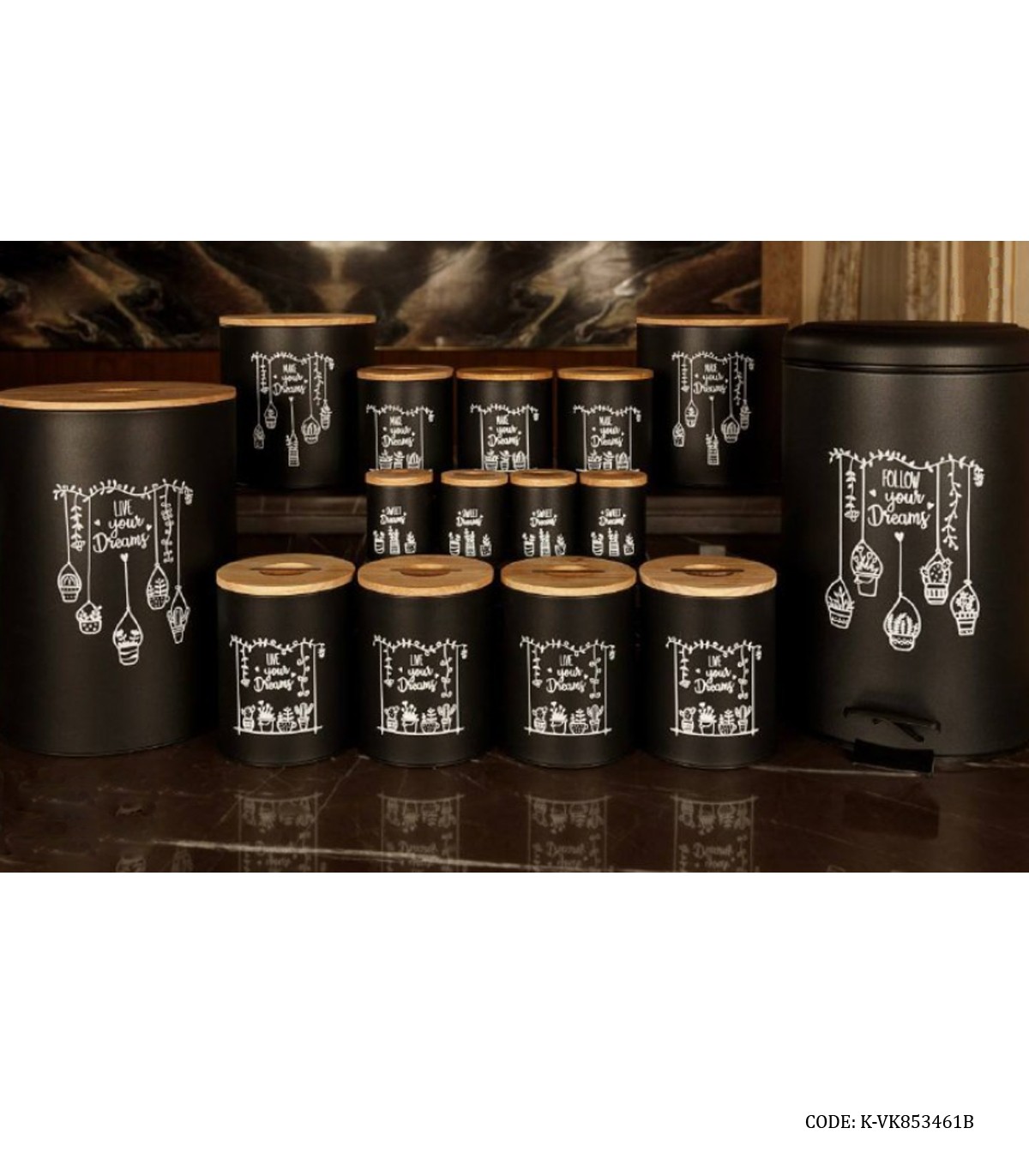 سرویس سطل برنج مشکی درب چوبی 30 تکه سفید مدل DREAM