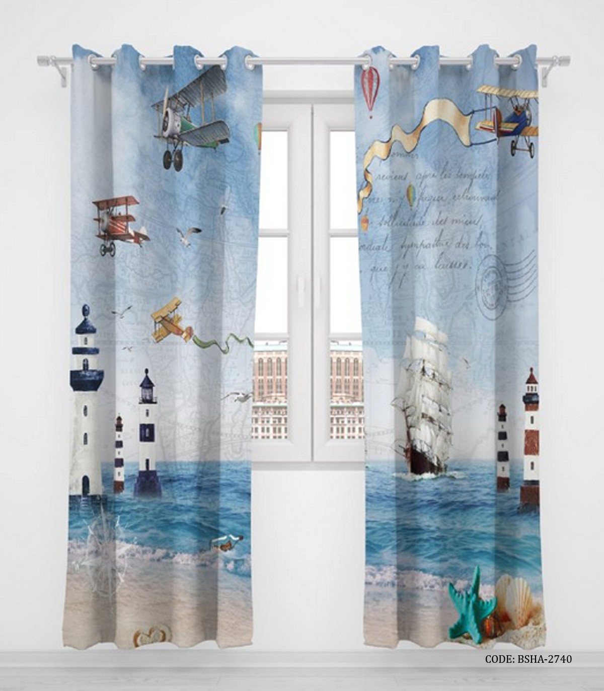 پرده پانچی دو تکه پسرانه تم دریایی مدل Lighthouse