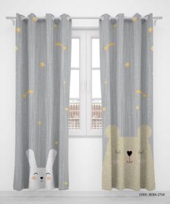 پرده پانچی دو تکه اتاق کودک پسرانه طرح خرگوش و خرس مدل Happy Rabbit