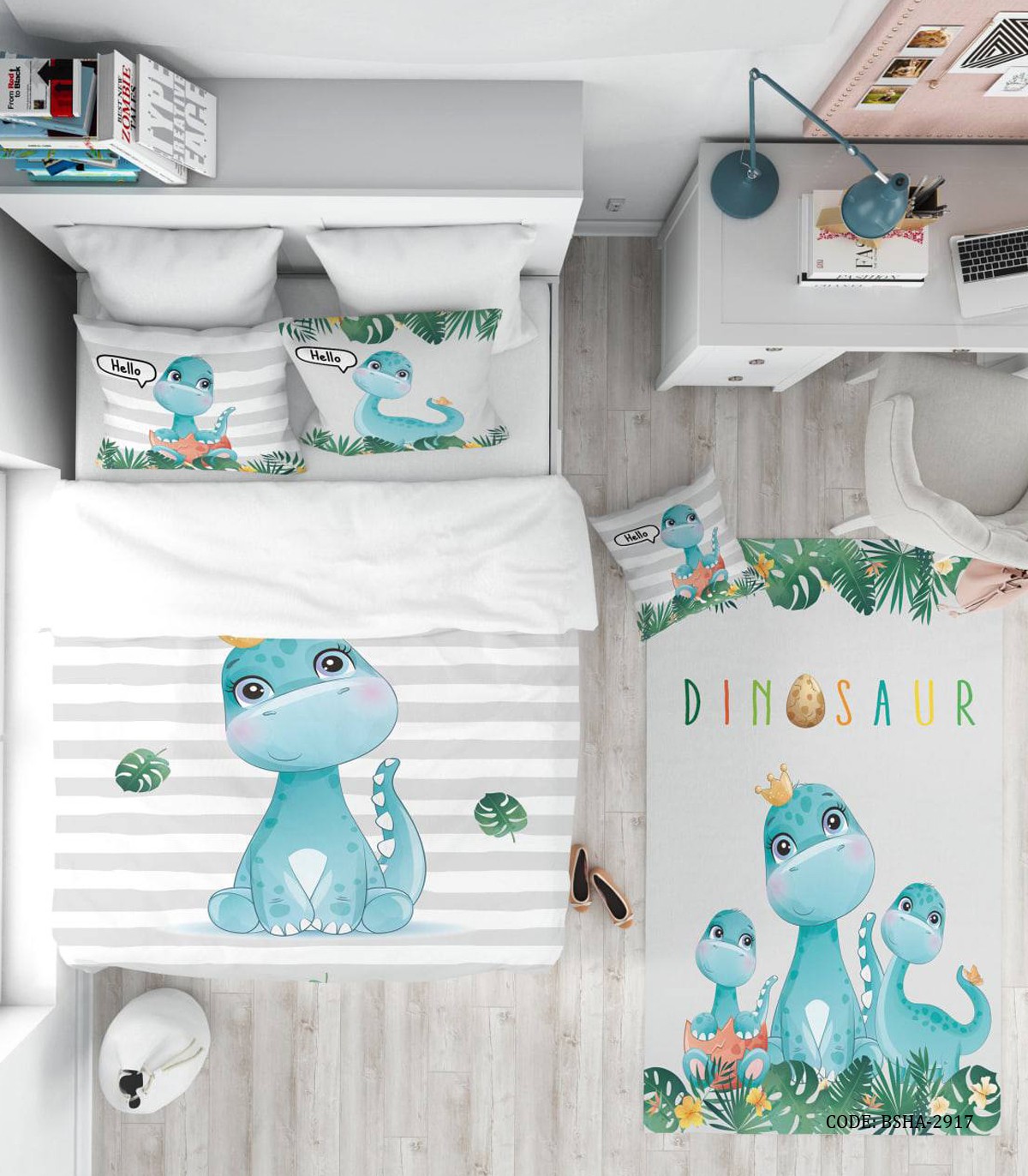 روتختی کودک دخترانه 4 تکه طرح دایناسور مدل Blue Dino