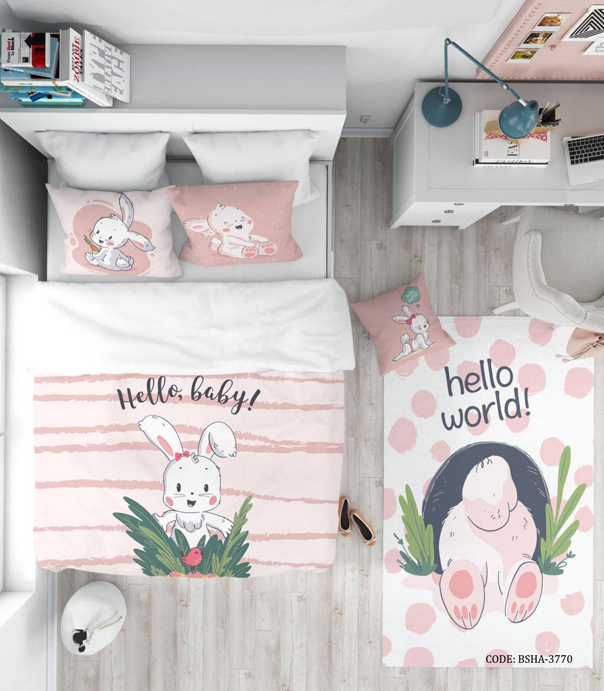 روتختی کودک دخترانه 4 تکه طرح خرگوش مدل Hello Baby