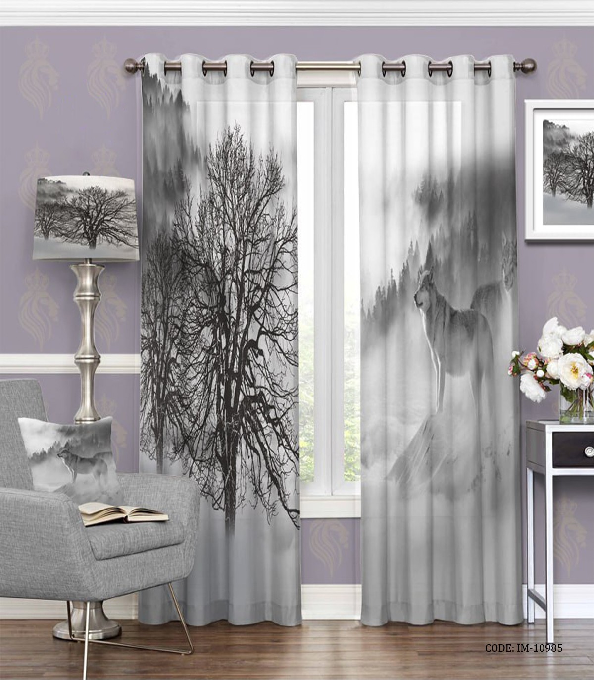 پرده پانچی طوسی طرح درخت مدل روز زمستانی