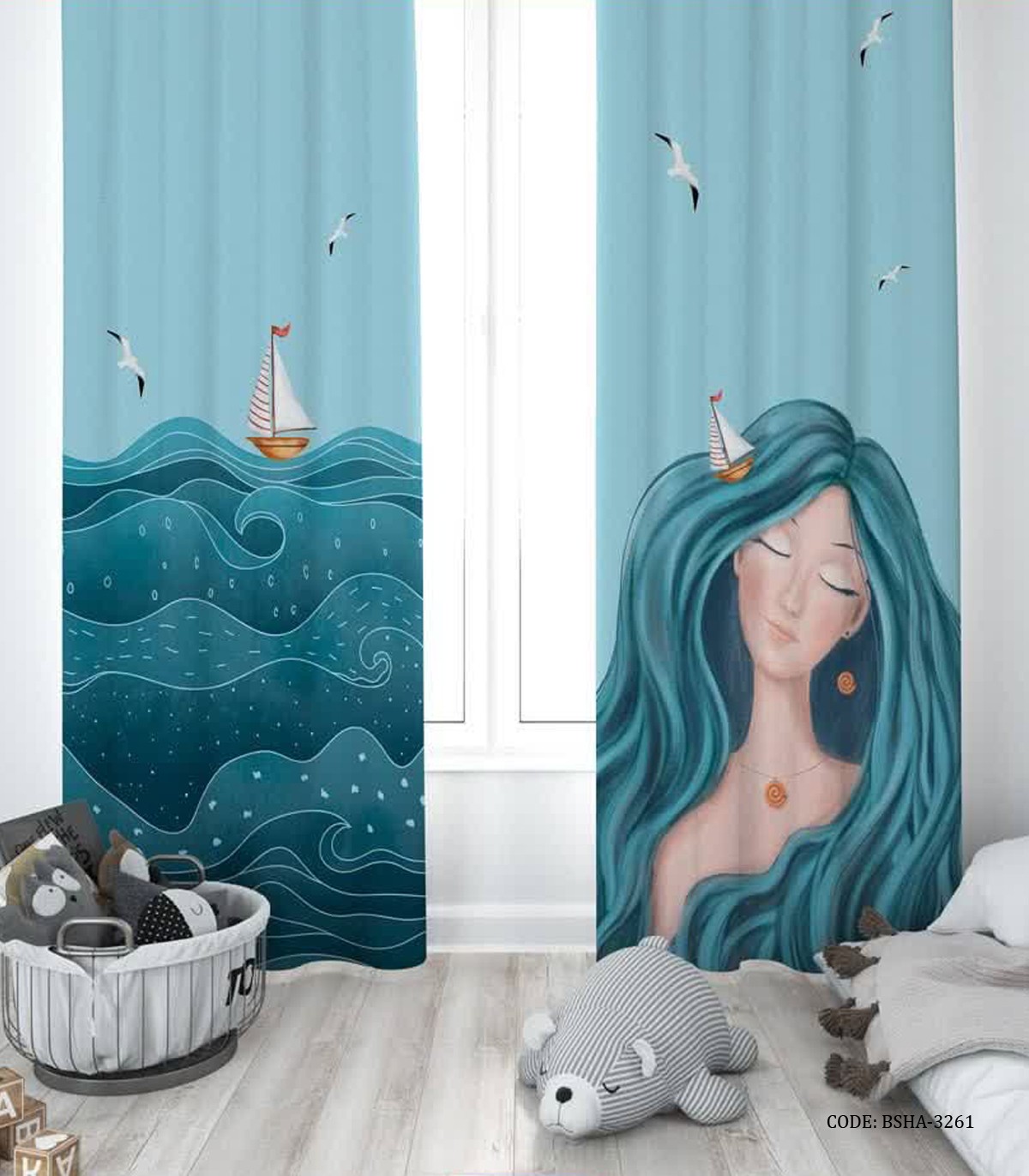 پرده پانچی دو تکه اتاق دخترانه طرح دریا مدل Blue Like Sea