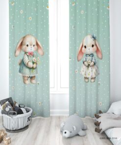 پرده پانچی دو تکه اتاق دخترانه طرح خانم خرگوشه مدل Rabbit